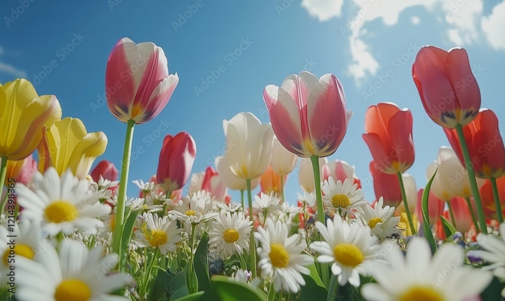 Fototapeta premium Colorful tulips and daisies bloom under a clear blue sky in a vibrant floral field