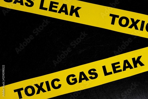 Obraz na płótnie Toxic gas leak or leakage caution danger and warning concept. Yellow barricade tape with word in dark black background. w salonie