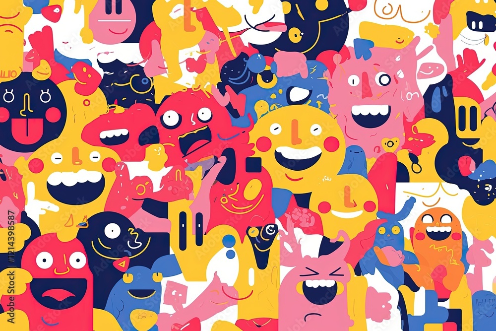 Crowd of colorful cartoon characters with diverse expressions filling the frame Crowd of colorful cartoon characters with diverse expressions filling the frame