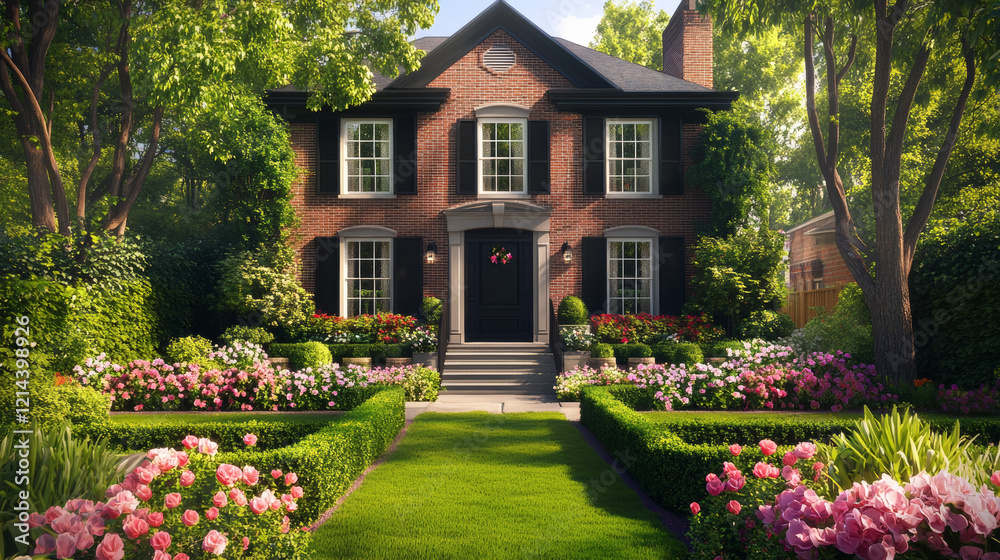 Naklejka premium classic brick house with black shutters surrounded by vibrant flowers and lush greenery, creating welcoming and picturesque atmosphere
