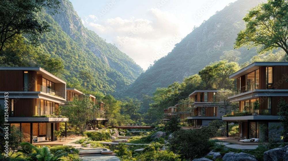Skybridge housing community connecting two mountains modern architecture serene natural environment gigapixel high fidelity viewpoint Skybridge housing community connecting two mountains modern architecture serene natural environment gigapixel high fidelity viewpoint