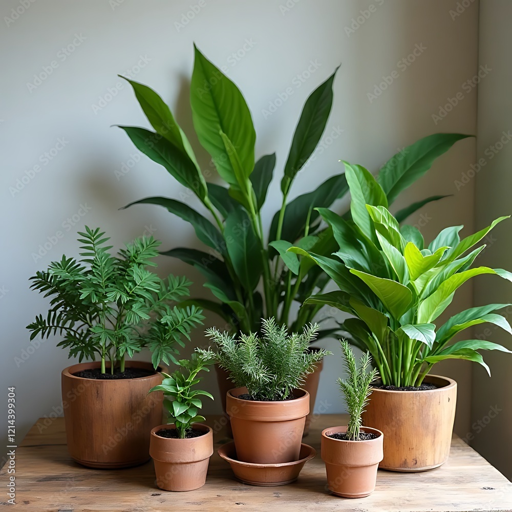Obraz premium Green Haven: A collection of lush, verdant houseplants in terracotta pots, arranged in a minimalist setting, bring a touch of nature indoors. Their vibrant foliage thrives in the warmth of the sun. 