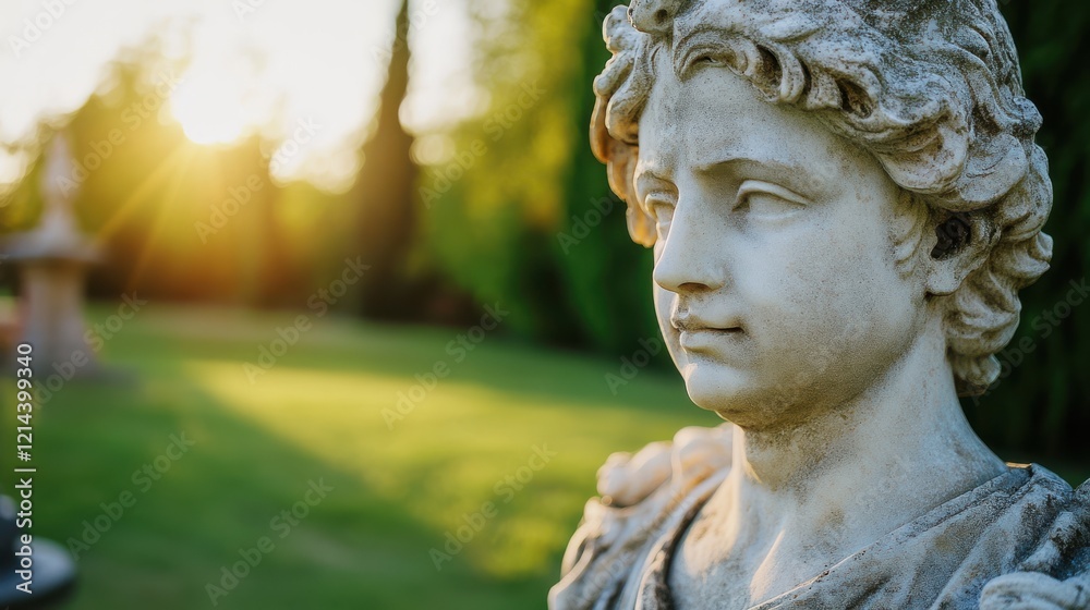The marble statue is bathed in sunlight, revealing its detailed craftsmanship amidst a lush, serene garden setting. The marble statue is bathed in sunlight, revealing its detailed craftsmanship amidst a lush, serene garden setting.