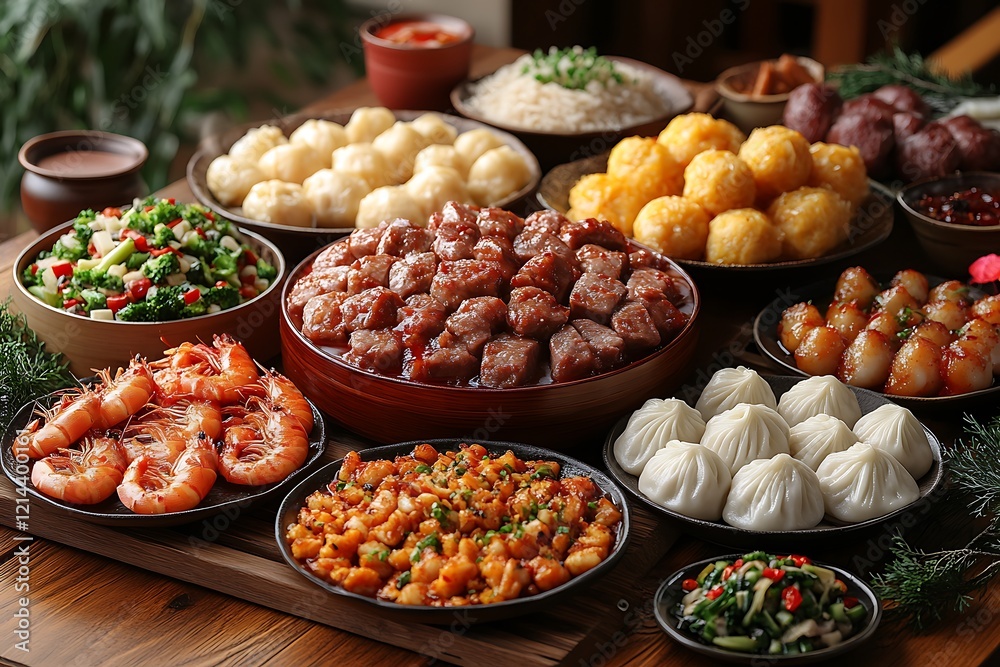 Obraz premium A table with a variety of delicious Asian dishes