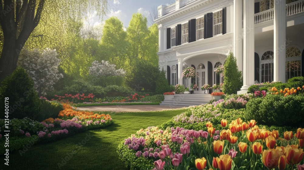 Fototapeta premium classic white house with elegant columns surrounded by vibrant garden filled with colorful tulips and lush greenery, creating serene and inviting atmosphere
