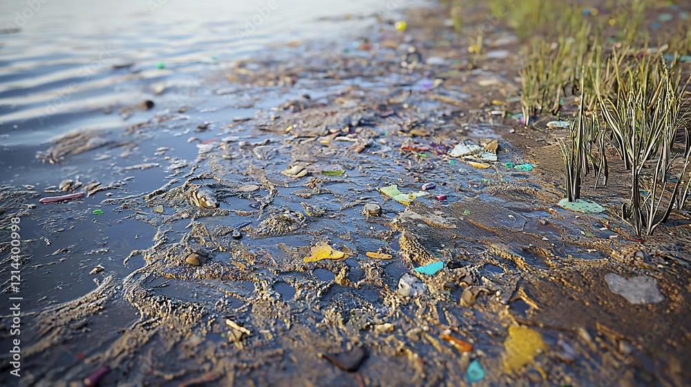 Polluted shoreline with plastic debris and trash. Polluted shoreline with plastic debris and trash.