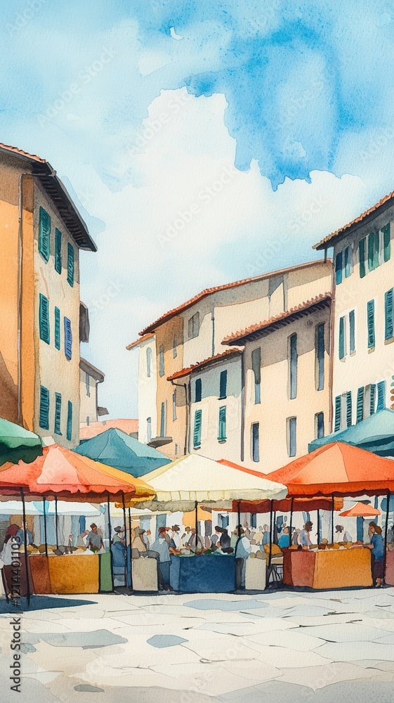 Fototapeta premium Vibrant Italian Market Scene Watercolor Painting of Colorful Stalls and Old Town Buildings under a