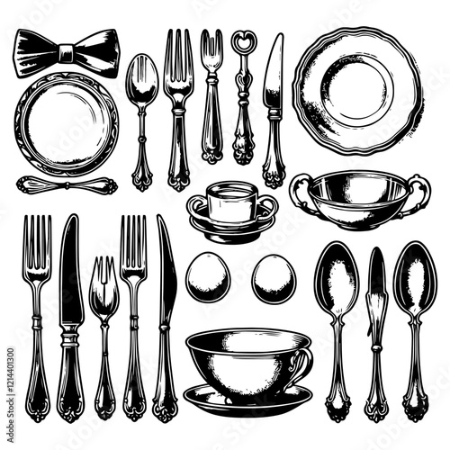 Elegant Tableware and Cutlery engraving vector