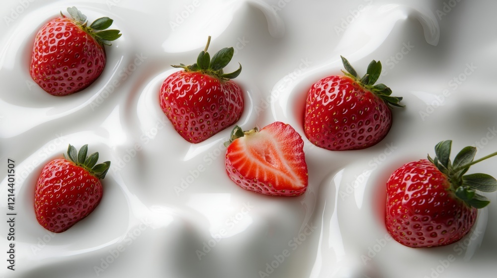 Fresh Strawberries on Creamy White Surface with Elegant Swirls Fresh Strawberries on Creamy White Surface with Elegant Swirls