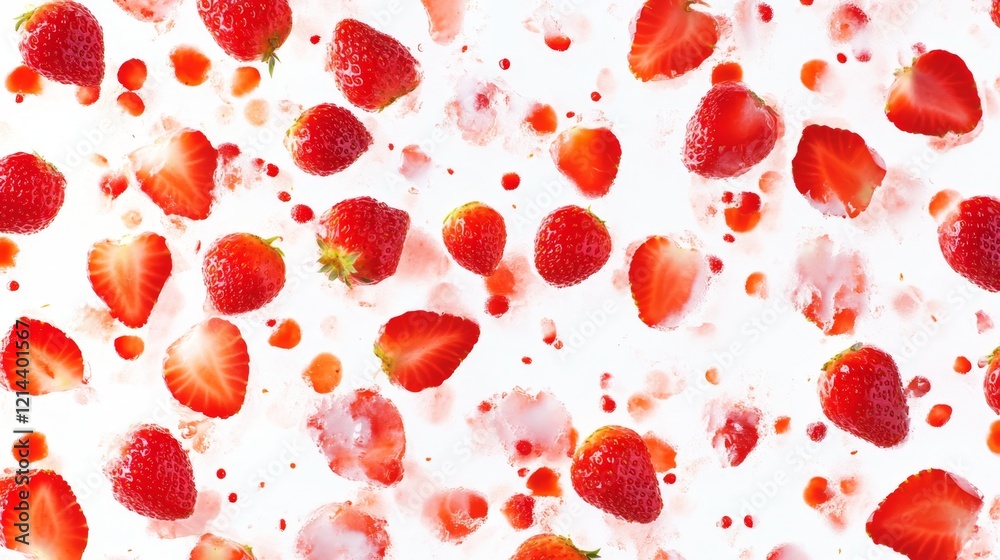Fototapeta premium Fresh Red Strawberries and Juicy Slices on White Background