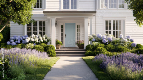 Obraz na płótnie beautiful coastal colonial house with white siding, light blue door, and vibrant flower gardens. lush greenery and blooming hydrangeas create welcoming atmosphere w salonie