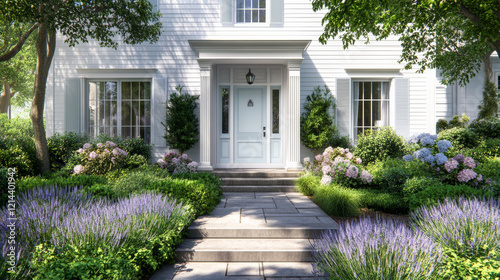 charming coastal colonial house with white siding, surrounded by lush greenery and vibrant flowers. inviting entrance features light blue door, enhancing serene atmosphere