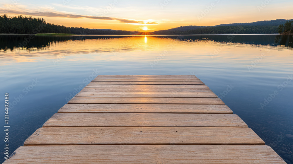 Fototapeta premium calm lake with wooden dock under beautiful sunset sky