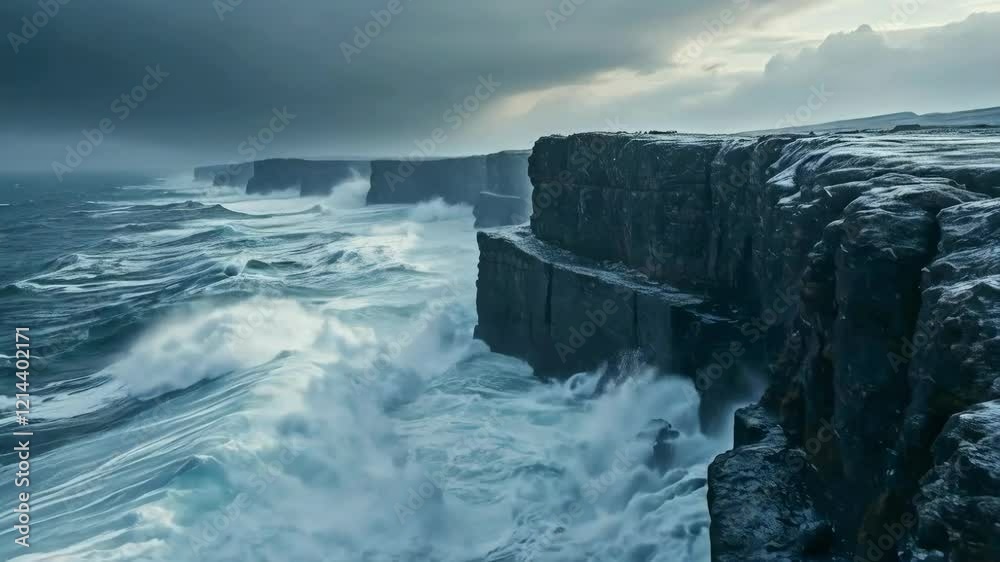 Stormy ocean waves crashing against black rocks with dramatic water splashes and dark sky new beautiful stock video footage animation AI Stormy ocean waves crashing against black rocks with dramatic water splashes and dark sky new beautiful stock video footage animation AI
