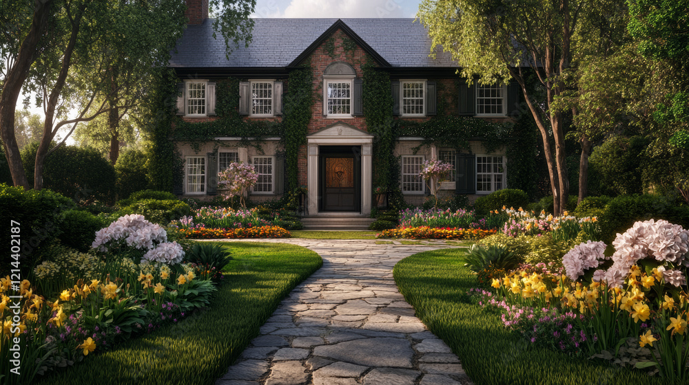 Obraz premium beautiful colonial house with symmetrical windows, surrounded by vibrant garden filled with colorful flowers and stone path leading to entrance