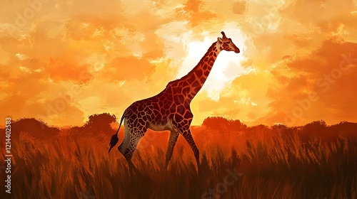 Giraffe Sunset African Savanna Painting Art