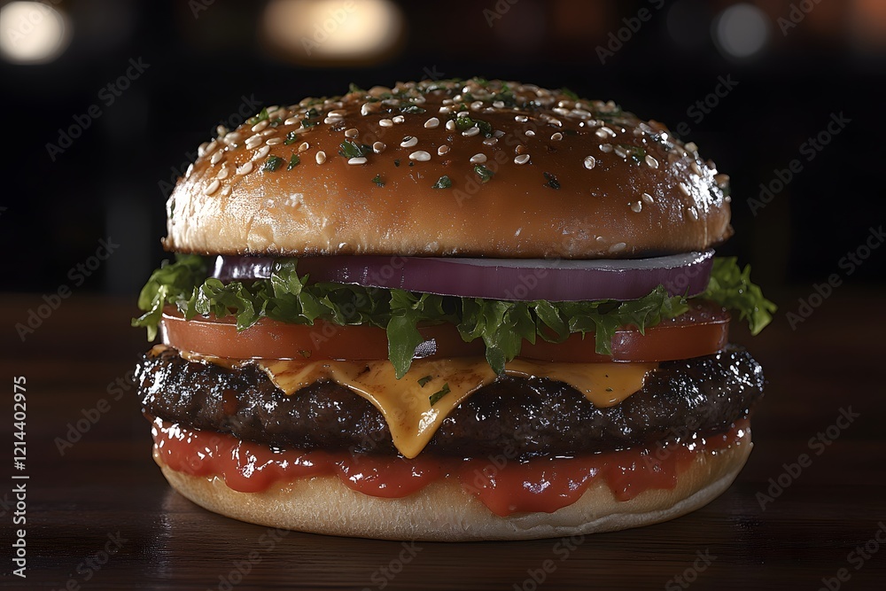 Juicy Grilled Cheeseburger with Fresh Vegetables on Sesame Seed Bun for Gourmet Food Photography Juicy Grilled Cheeseburger with Fresh Vegetables on Sesame Seed Bun for Gourmet Food Photography