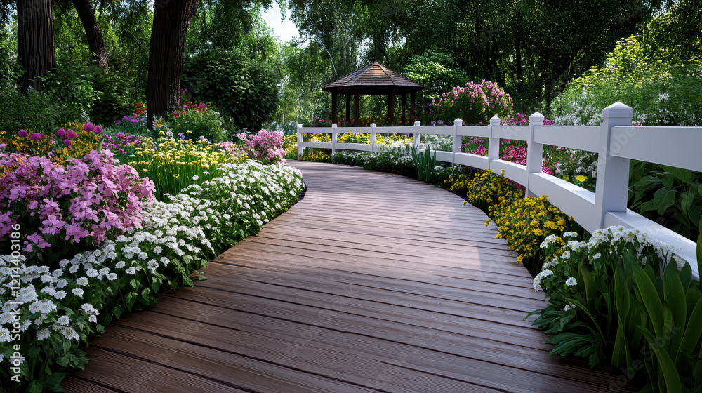 Obraz premium charming garden with colorful flowers and quaint gazebo invites tranquility