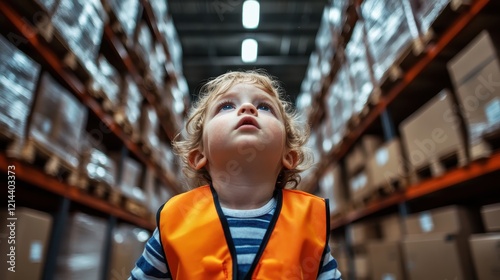 The image features a child dressed in a safety vest looking upwards in an expansive warehouse space, portraying feelings of wonder and adventure amidst boxes and shelves.
