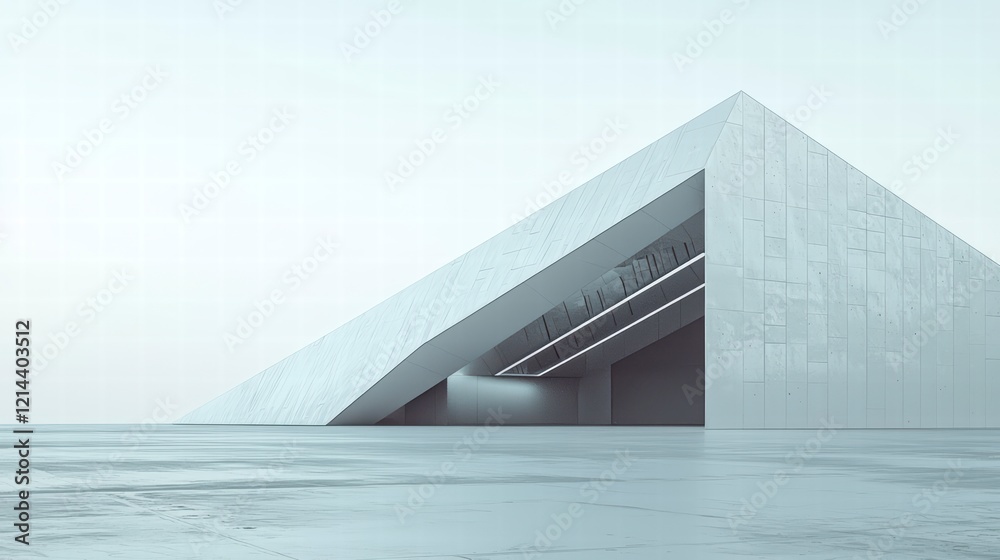 Obraz premium Minimalist Concrete Structure: A sleek, abstract architectural rendering showcasing a minimalist concrete structure with an angular, triangular design.