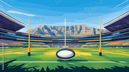 A vector depiction of the South African national rugby teamâ€™s ball placed on a rugby stadium field with goal posts, positioned for a penalty or free kick photo