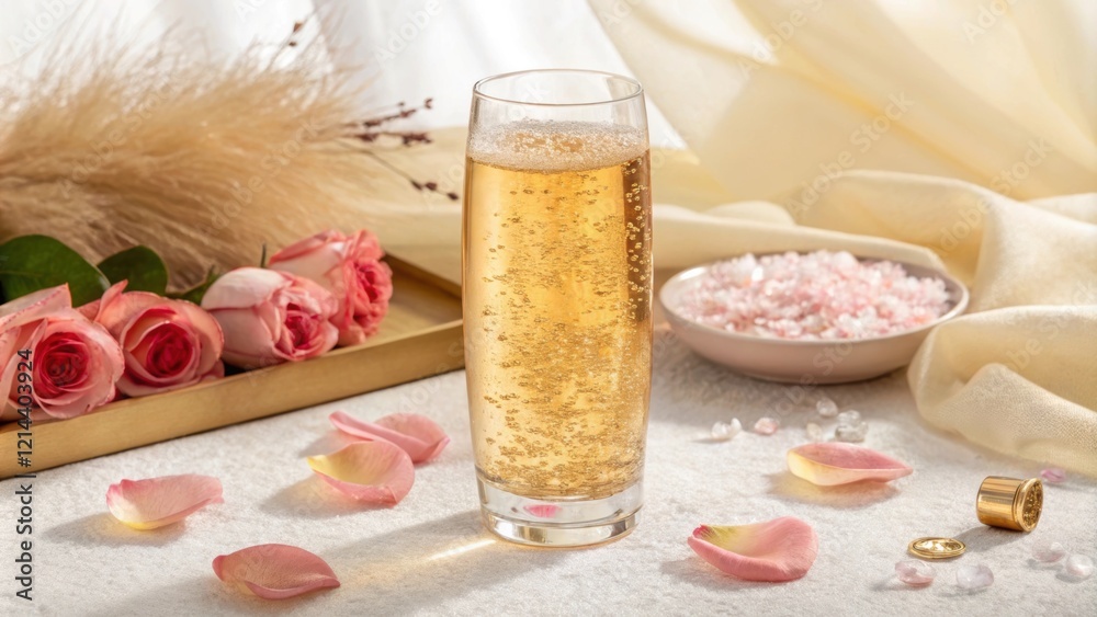 A sleek modern glass tumbler b with a rich goldenhued collagen drink. Intricate bubbles rise toward the top reflecting a warm light. Surrounding the glass are tered rose A sleek modern glass tumbler b with a rich goldenhued collagen drink. Intricate bubbles rise toward the top reflecting a warm light. Surrounding the glass are tered rose