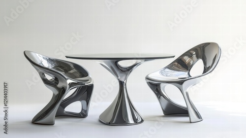 Sculptural Dining Set: A modern, minimalist dining set featuring two organically shaped chairs and a sleek, round table, all crafted from polished, reflective metal.