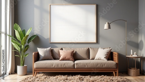 Cozy interior scene with a chic gray wall adorned by a rustic wooden frame, complemented by a plush light brown couch cushioned with six inviting pillows photo