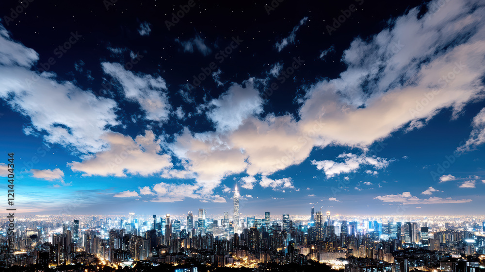 Fototapeta premium city skyline with clear view of stars at night, showcasing vibrant lights and clouds