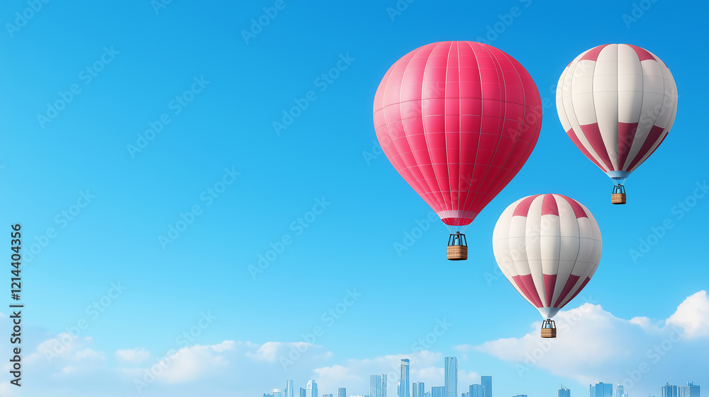 Fototapeta premium Colorful hot air balloons float against clear blue sky, creating vibrant scene above city skyline. balloons bright colors add joy and excitement to tranquil atmosphere