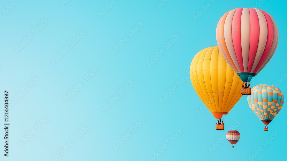 Obraz premium Colorful hot air balloons floating against clear blue sky create vibrant and cheerful atmosphere. balloons showcase various patterns and colors, enhancing visual appeal