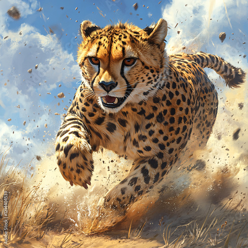 Dynamic illustration of a cheetah running at full speed, realistic wildlife art depicting movement and energy, showing the agility and power of nature photo