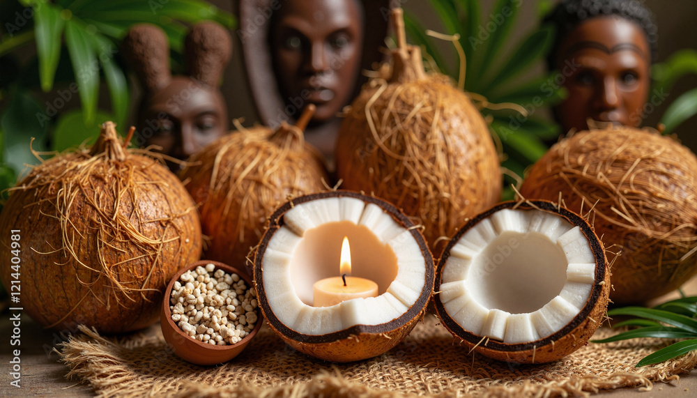 Sliced coconut offering with candles and masks, cultural ceremony