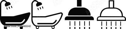 shower head icon set.Simple icon of a showerhead with water droplets on a transparent background, representing hygiene and bathroom design and home improvement concepts. Editable stroke.