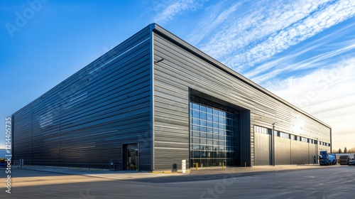 Modern Industrial Building: A sleek, contemporary industrial building with expansive glass doors and dark metal cladding stands majestically against a vibrant blue sky. photo