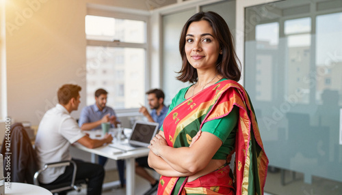 Confident woman in modern Indian saree at the office, professional elegance