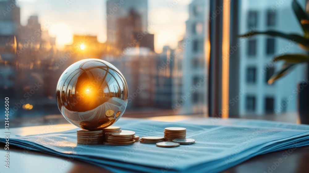 A stylized golden sphere sits alongside coins, beautifully illuminated by a sunset, creating a warm atmosphere that represents wealth and aspiration in a financial world.