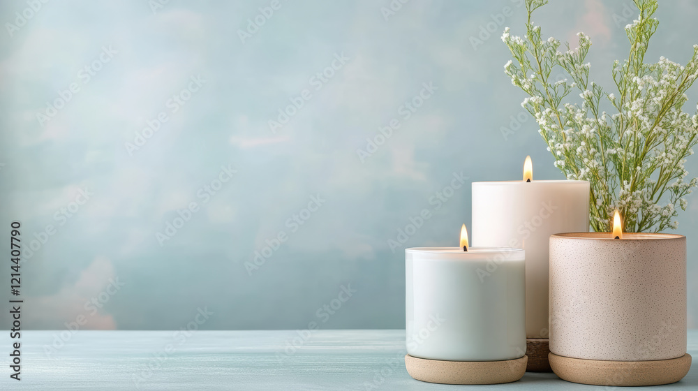 serene display of scented candles with delicate flowers, perfect for relaxation serene display of scented candles with delicate flowers, perfect for relaxation