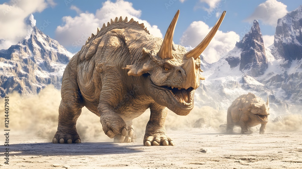 Fototapeta premium Prehistoric Dinosaurs Charging Across Dusty Plains