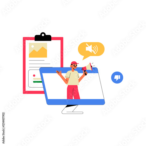 Unheard Marketing Concept With Male Speaker In Flat Vector Illustration Symbolizing Ineffective Promotion And Communication, Isolated On White Background