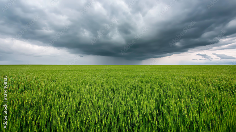 Dramatic storm clouds loom over vibrant green wheat field, creating striking contrast. scene evokes sense of anticipation and power of nature Dramatic storm clouds loom over vibrant green wheat field, creating striking contrast. scene evokes sense of anticipation and power of nature