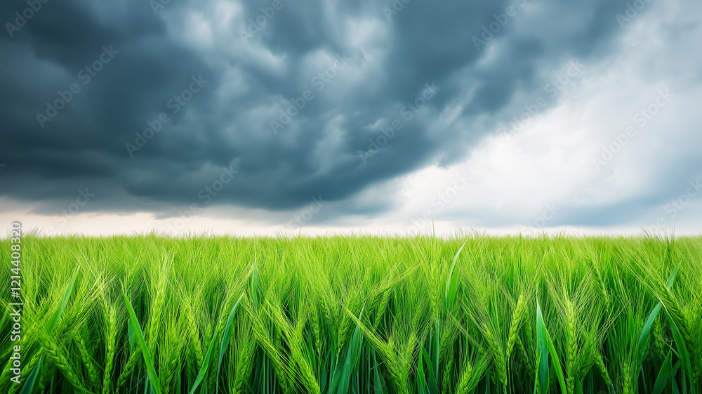 Dramatic storm clouds loom over vibrant green wheat field, creating striking contrast. scene evokes sense of anticipation and beauty of nature power Dramatic storm clouds loom over vibrant green wheat field, creating striking contrast. scene evokes sense of anticipation and beauty of nature power