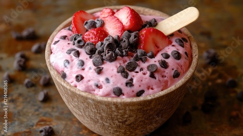 Strawberry Chocolate Nice Cream Bowl Rustic Background photo