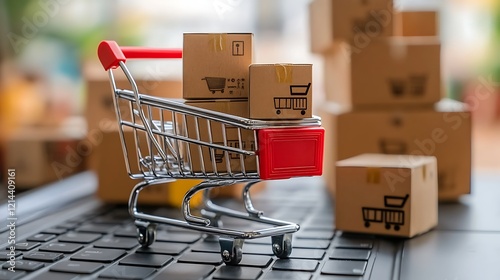 Online Shopping Cart with Packages on Laptop