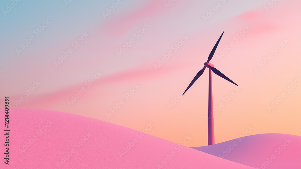 Fototapeta premium wind turbine stands tall against pastel sky, surrounded by soft pink hills, symbolizing clean energy and sustainability. serene landscape evokes sense of tranquility and hope for future