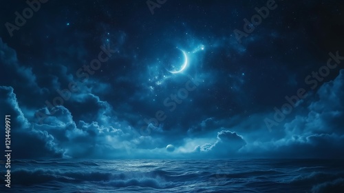 Cometa en el cielo, estrella en el firmamento, fondo azul marino foto realista