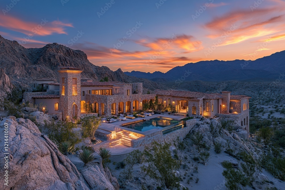 Fototapeta premium Desert oasis retreat arizona high-resolution image evening glow aerial view luxurious architecture surrounded by nature