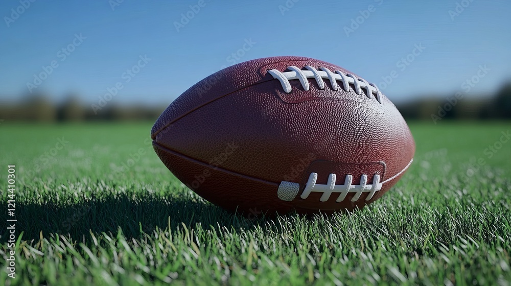 An image of an American football placed on a green grass field, symbolizing themes of team games, super bowl festivities, and sports events, suitable for various visual templates