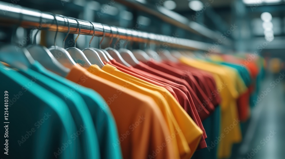 This image showcases a vibrant array of colorful t-shirts hanging on a rack, creating a lively and inviting atmosphere that draws attention to the garments. This image showcases a vibrant array of colorful t-shirts hanging on a rack, creating a lively and inviting atmosphere that draws attention to the garments.