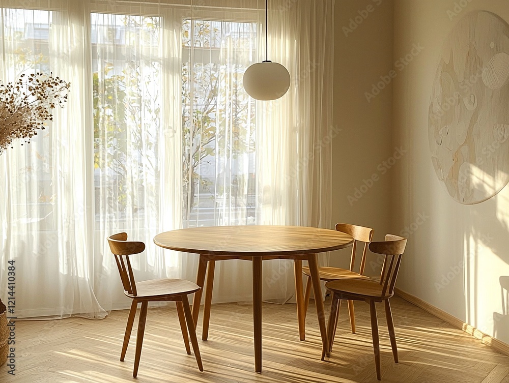 Fototapeta premium A modern minimalist interior design in a dining room with a wooden dining table and chairs. Generative AI 